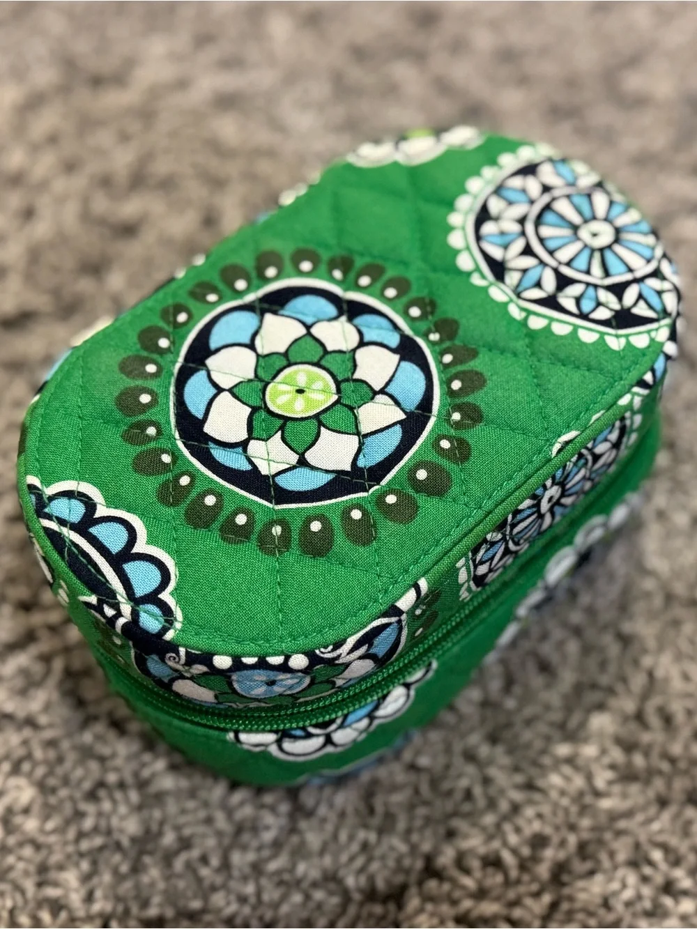 Vera Bradley Green Quilted Cosmetic Case with Blue and White Medallions